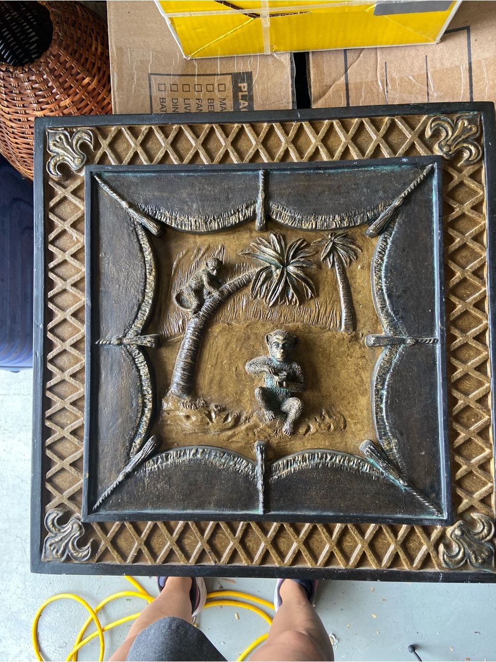 Tropical Wall Plaque with Monkey and Palm Trees - Brown & Gold